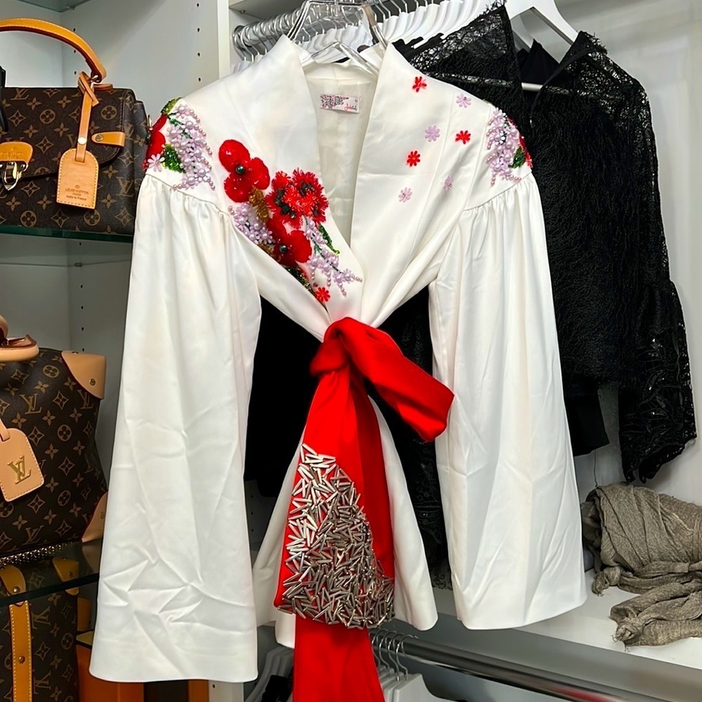 Embroidered White Satin Tie-Waist Blazer Jacket - Floral Detail